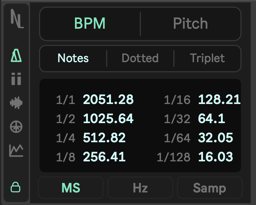 Swiss Army Meter BPM mode showing note divisions converted to timing and sample values