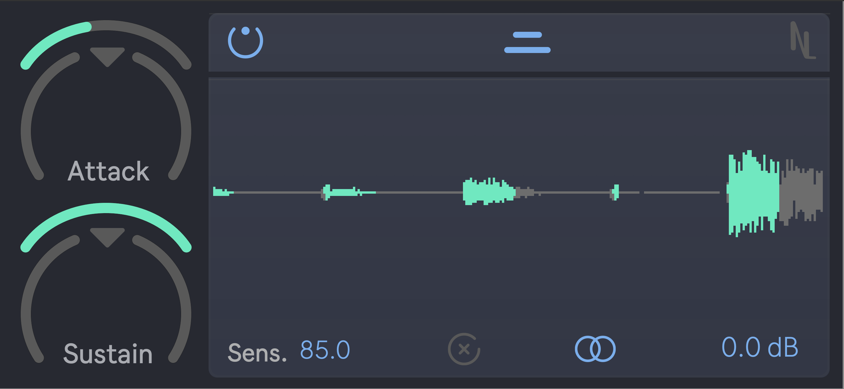 Carver transient shaper plugin interface with waveform display and attack/release shaping controls.